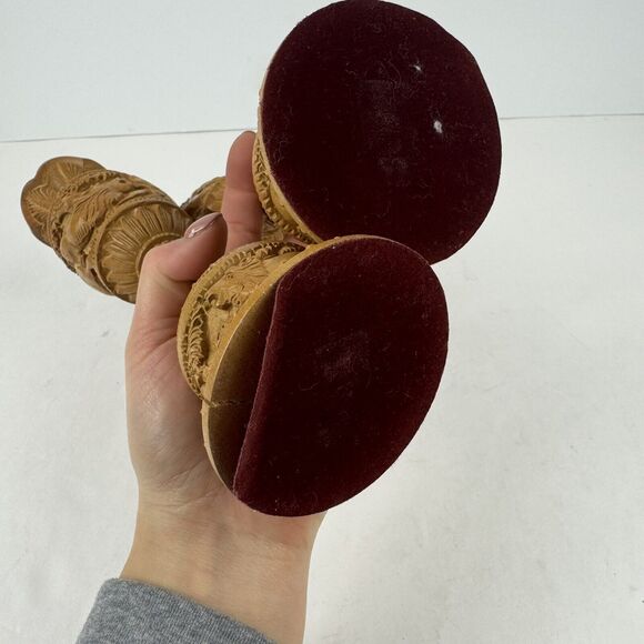 Pair Hand Carved Wooden Flower Vintage Vase Elephant Lion Home Garden Decor Art - Picture 10 of 10